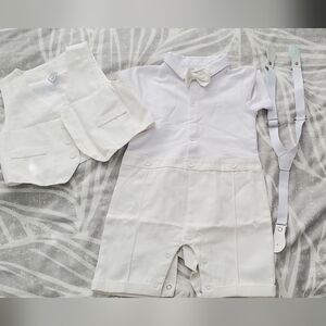 Baby Formal Baptismal or Wedding White Romper with Bow Tie with Suspenders